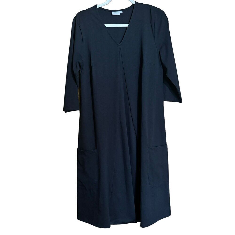 eShakti Midi Dress Womens Large 14 Black Solid Stretch V Neck Pockets Ladies - Picture 1 of 9